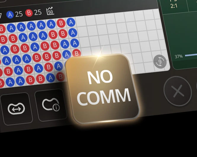 Close-up view of an online Andar Bahar game interface, featuring a betting grid with red and blue markings. A highlighted button in the center reads 'NO COMM' against a glowing background, indicating a feature in the game.